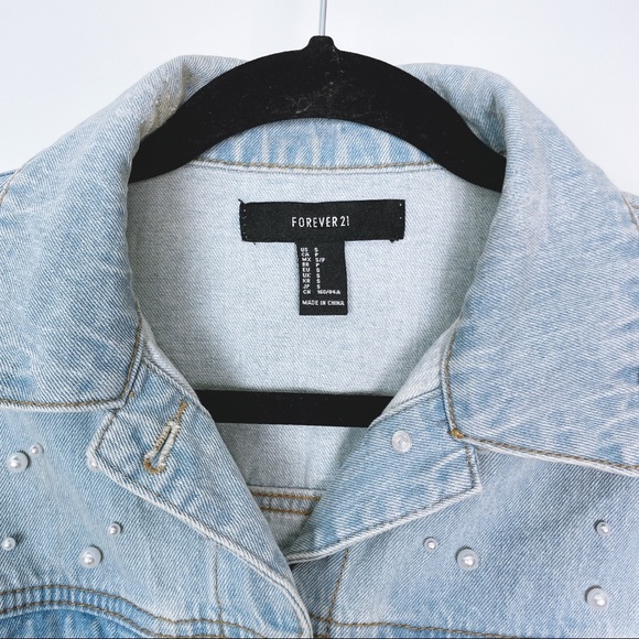 FOREVER 21 Retro Distressed Blue Denim Faux Pearls Jean Jacket S - Picture 4 of 10